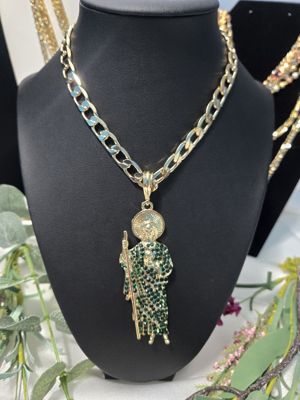 Cuban Chain San Judas Green Stones 14k Gold Plated 9mm X 30" Long Unisex